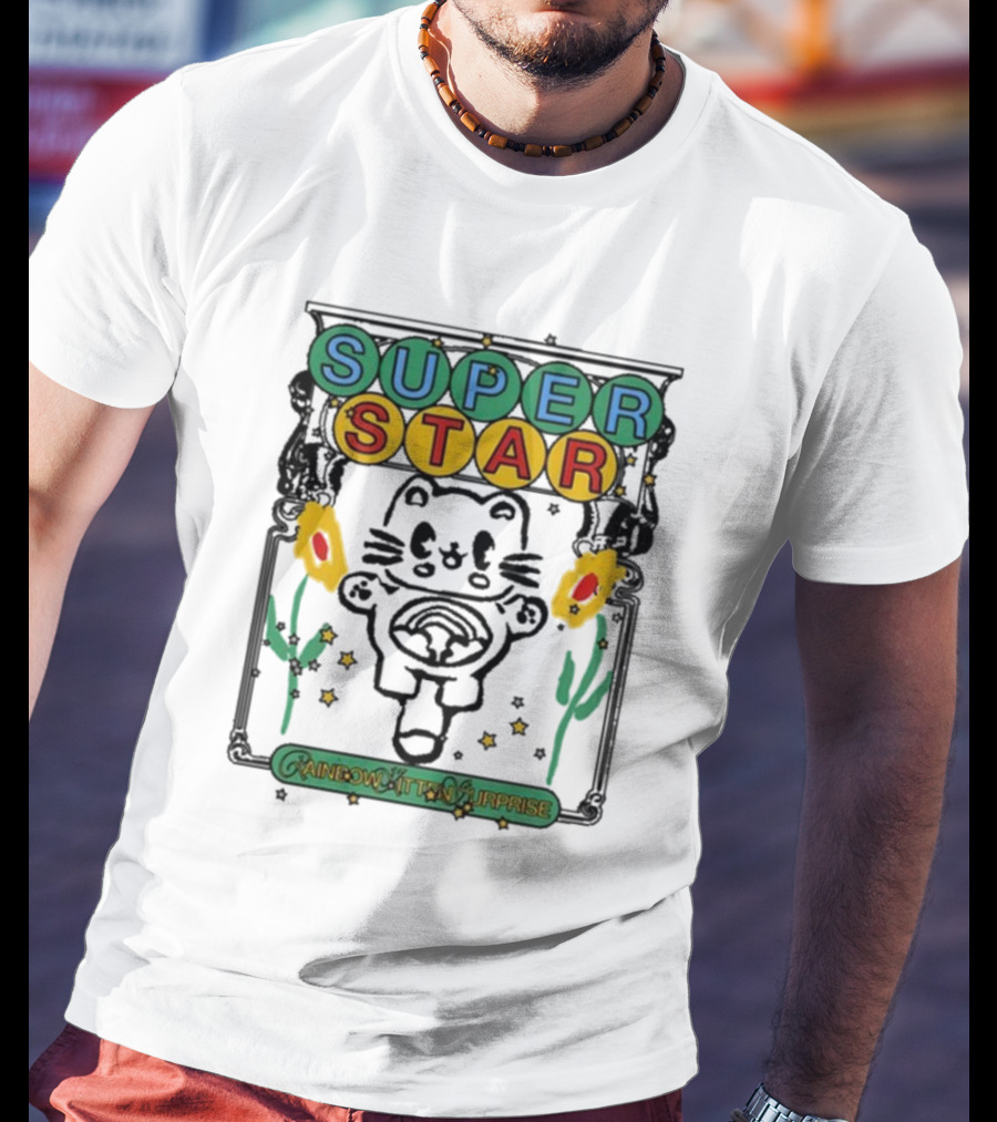 Rainbow Kitten Surprise Superstar Floating Cat With Rainbow Starry Background T-Shirt