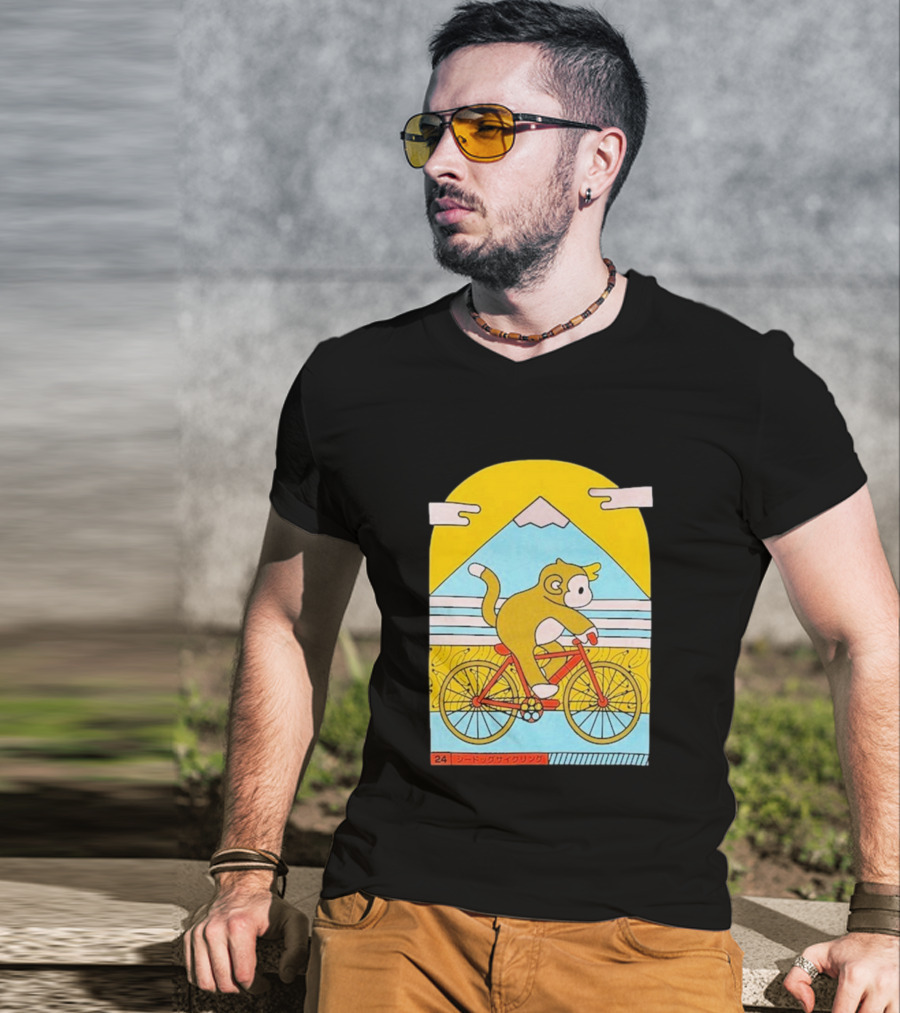 CDAWGVA Cycle Pullover Monkey Riding Bike With Mountain Background T-Shirt