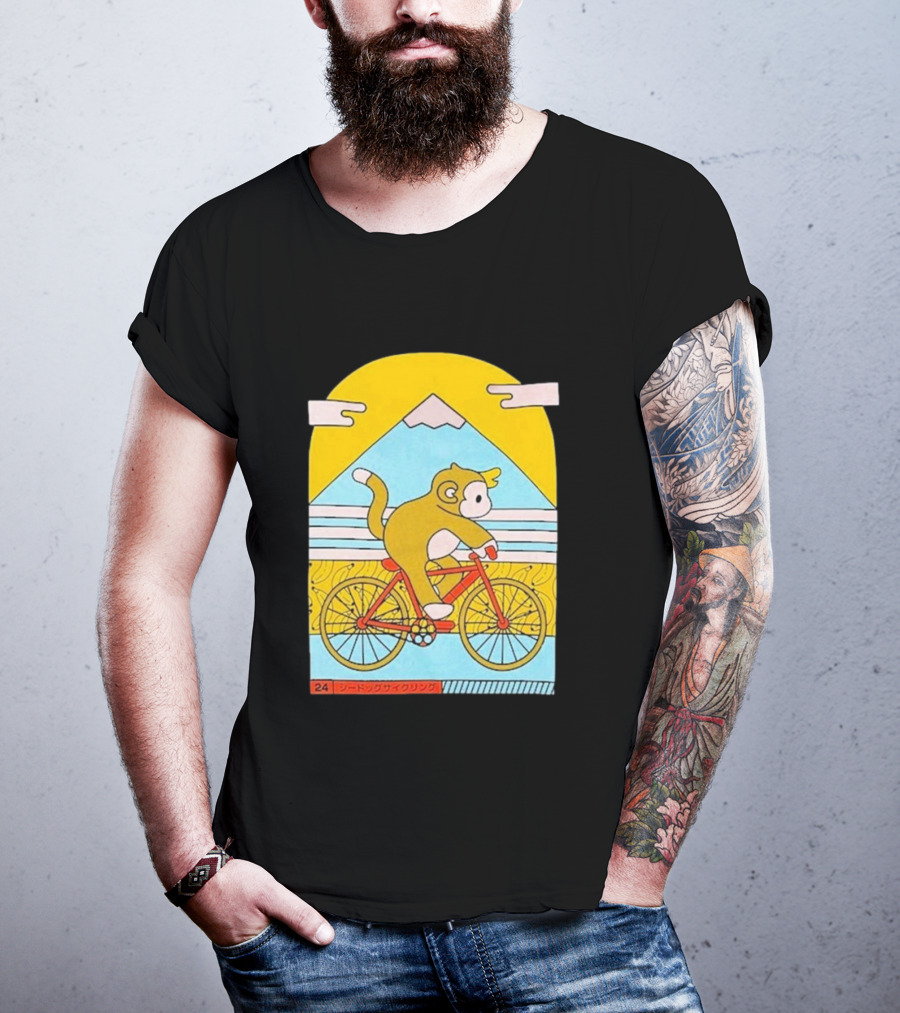 CDAWGVA Cycle Pullover Monkey Riding Bike With Mountain Background T-Shirt
