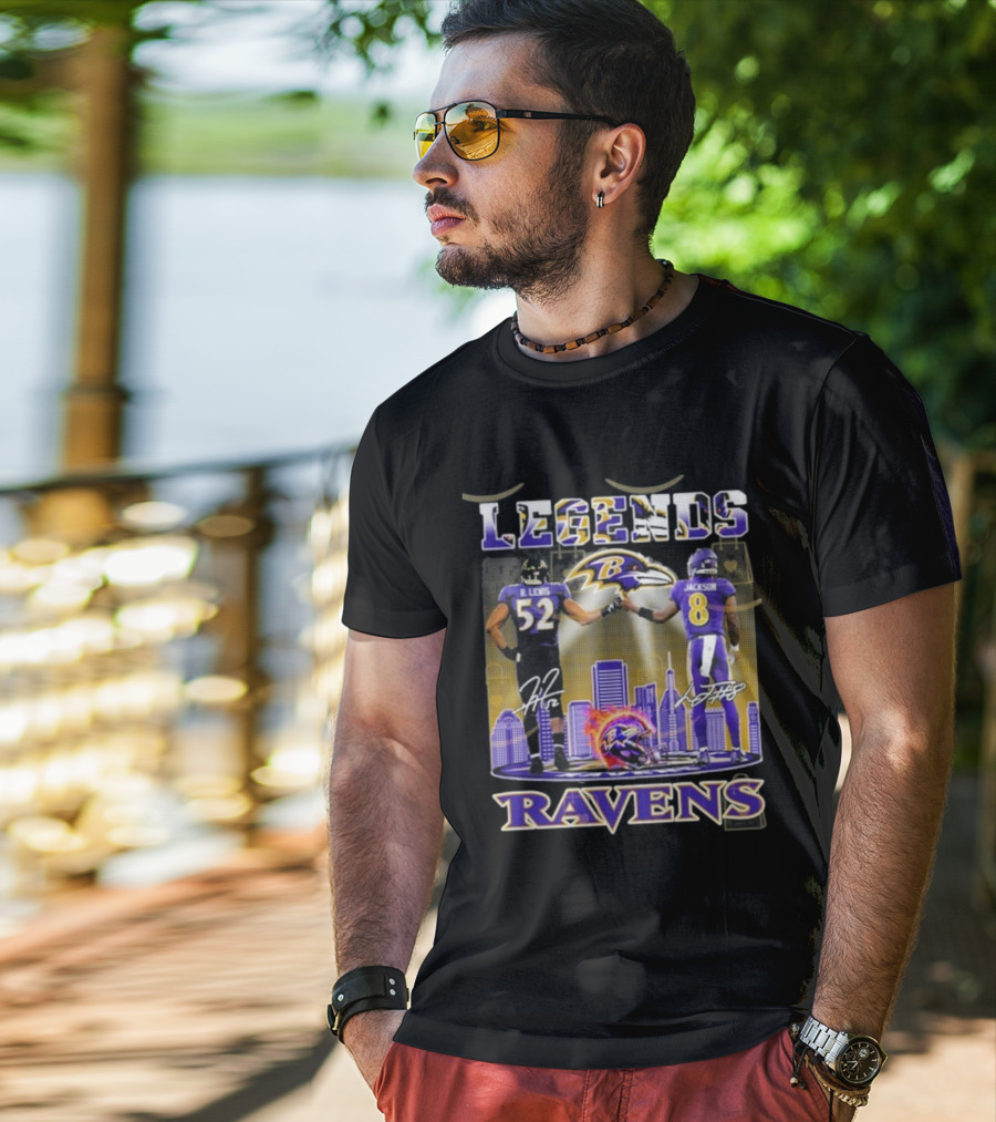 Baltimore Ravens Legends Ray Lewis 52 X Lamar Jackson 8 Signature T-Shirt