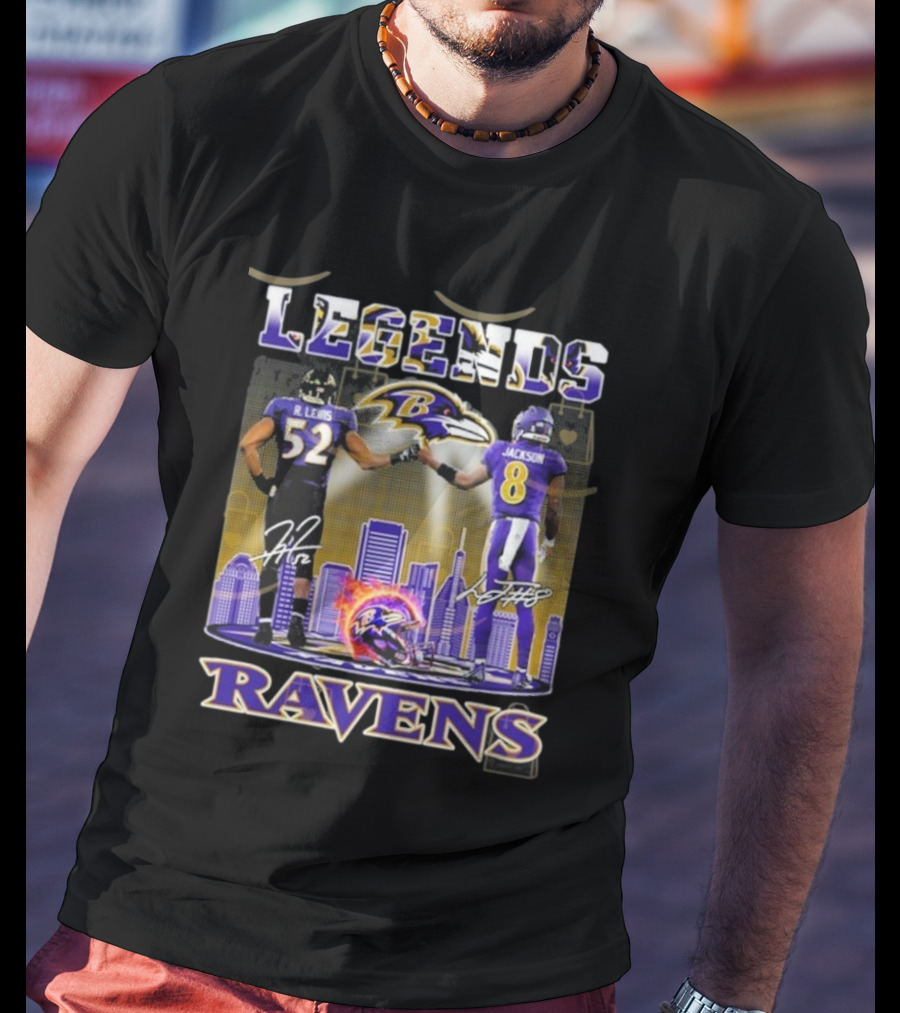 Baltimore Ravens Legends Ray Lewis 52 X Lamar Jackson 8 Signature T-Shirt