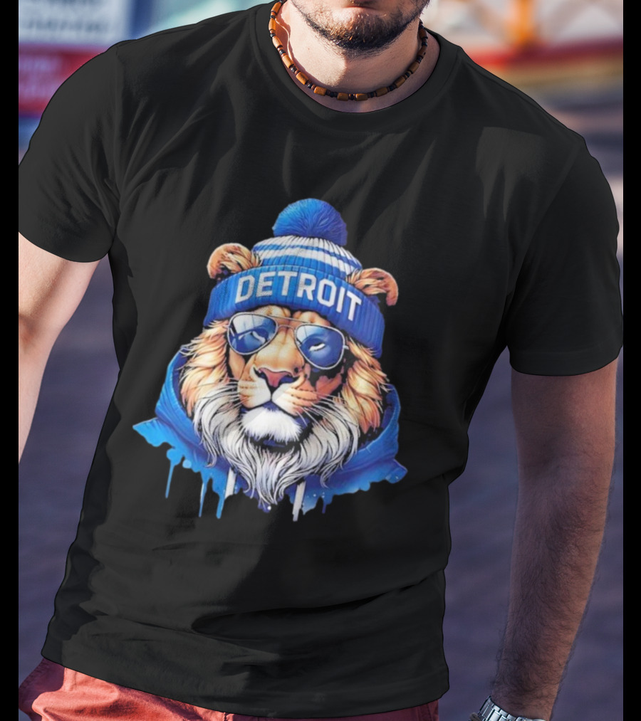 Detroit Lions Football 2025 New Season Cool Lion In Blue Beanie And Shades T-Shirt