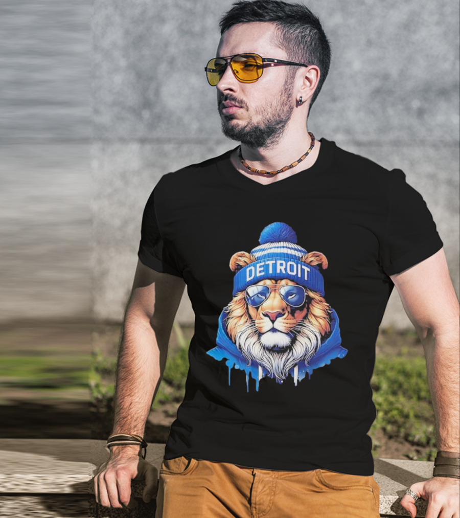 Detroit Lions Football 2025 New Season Cool Lion In Blue Beanie And Shades T-Shirt