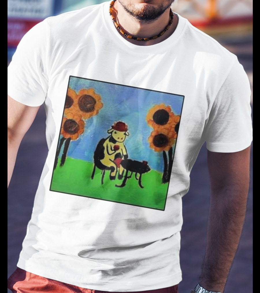 Cow Painting With Sunflowers And Tea Party Scene T-Shirt