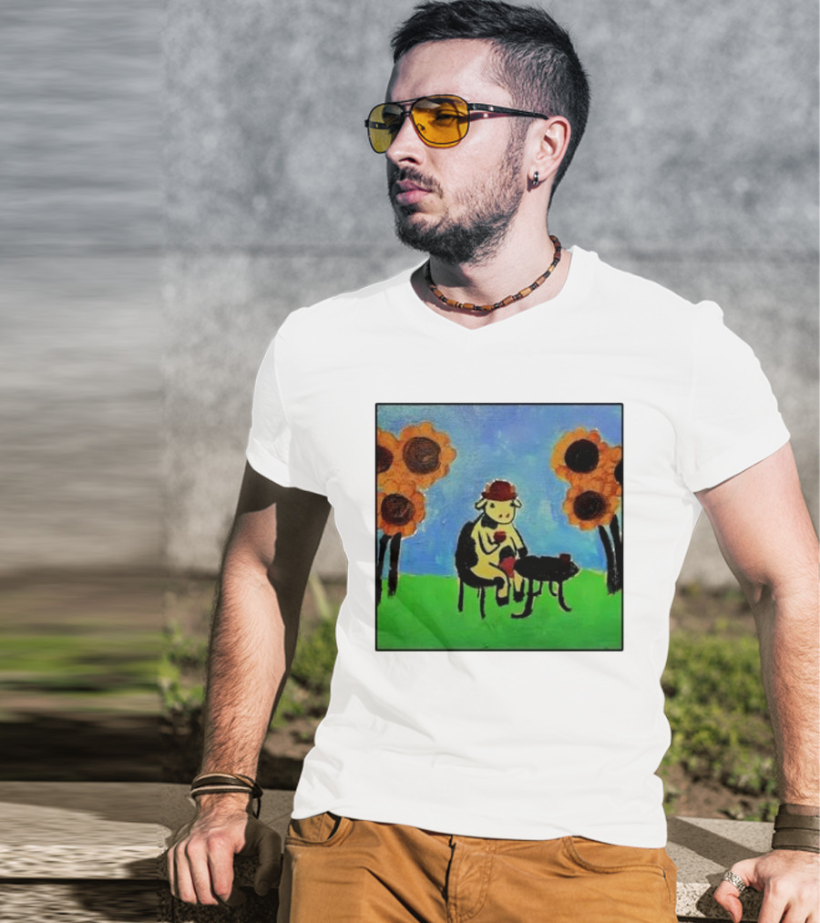 Cow Painting With Sunflowers And Tea Party Scene T-Shirt