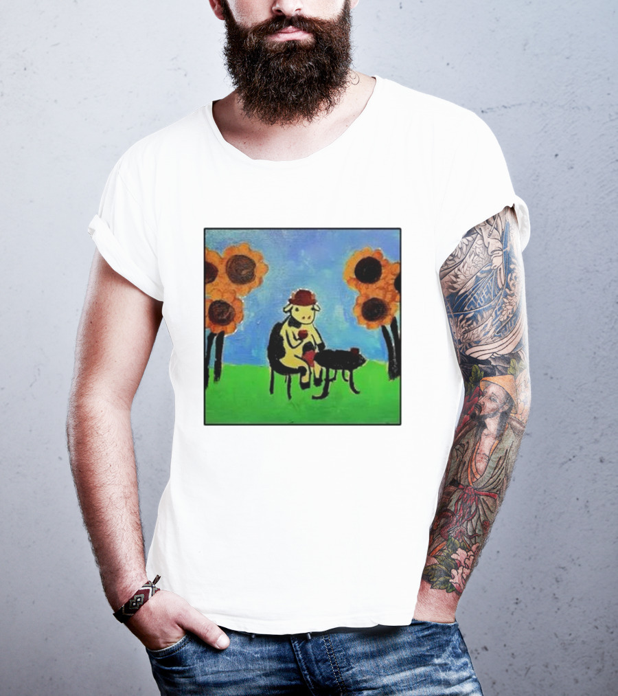 Cow Painting With Sunflowers And Tea Party Scene T-Shirt