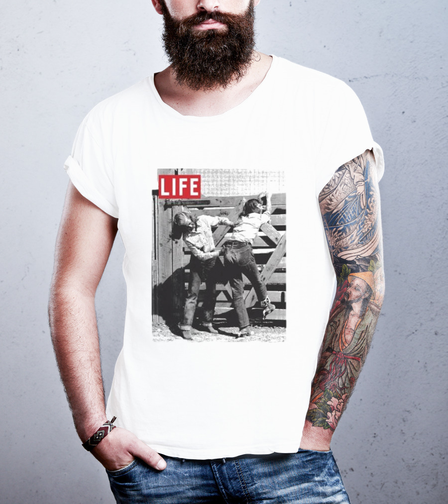 Life Magazine Cowboy Boys Playful Dust Off Fence Scene T-Shirt