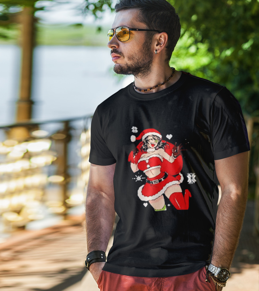Supps Waifu Uwu Ugly Christmas Santa Anime Girl In Red Outfit With Snowflakes And Hearts T-Shirt