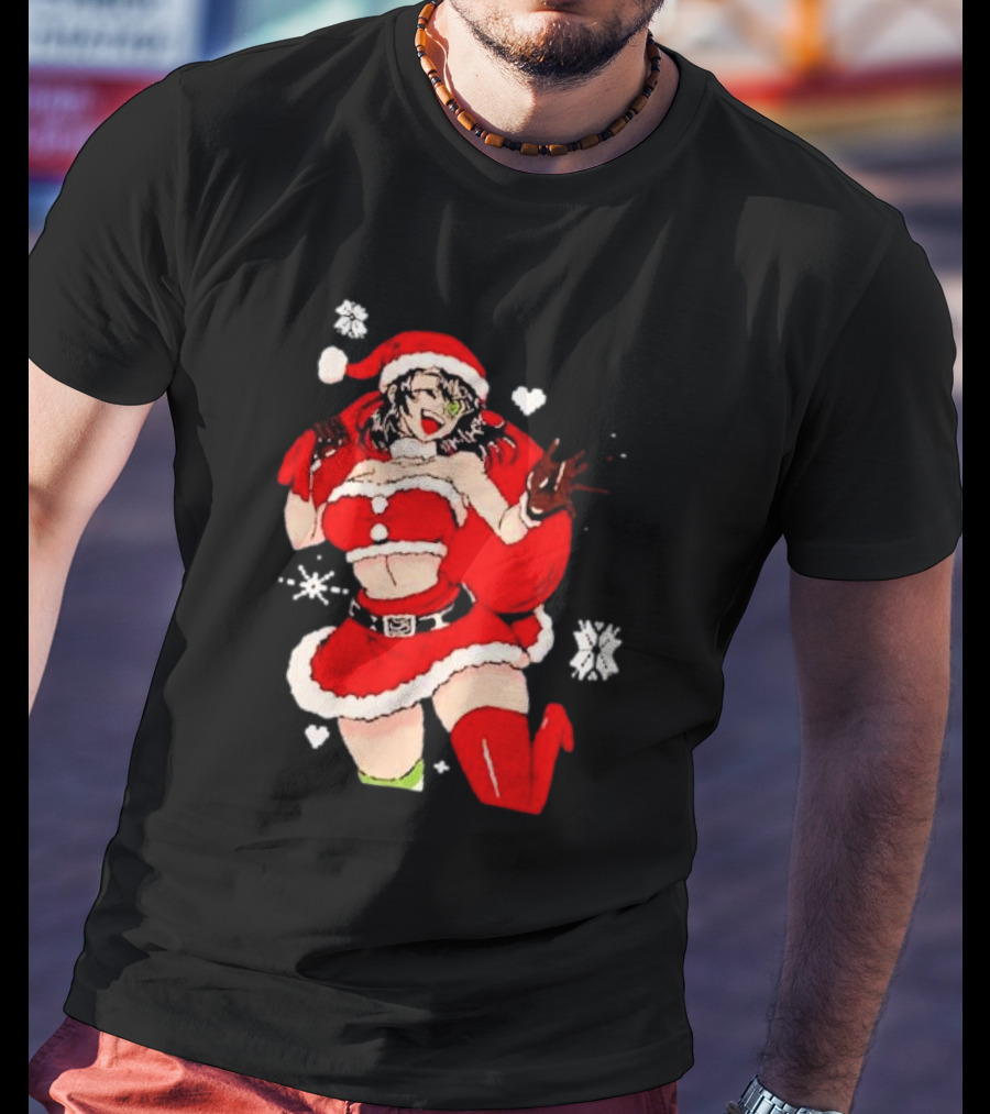 Supps Waifu Uwu Ugly Christmas Santa Anime Girl In Red Outfit With Snowflakes And Hearts T-Shirt