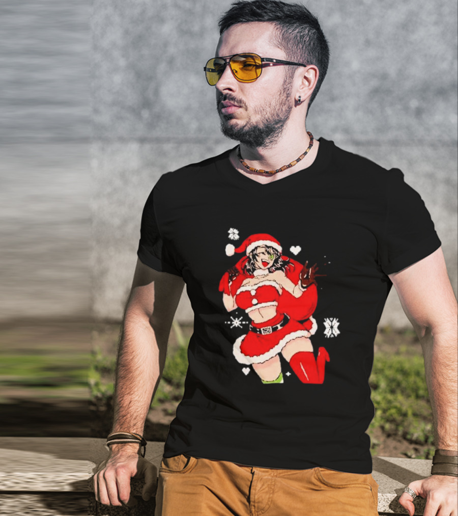 Supps Waifu Uwu Ugly Christmas Santa Anime Girl In Red Outfit With Snowflakes And Hearts T-Shirt