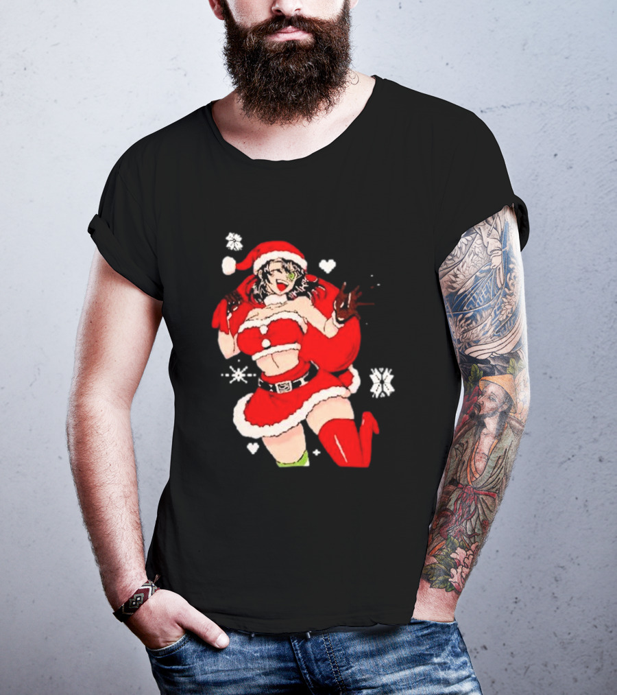 Supps Waifu Uwu Ugly Christmas Santa Anime Girl In Red Outfit With Snowflakes And Hearts T-Shirt