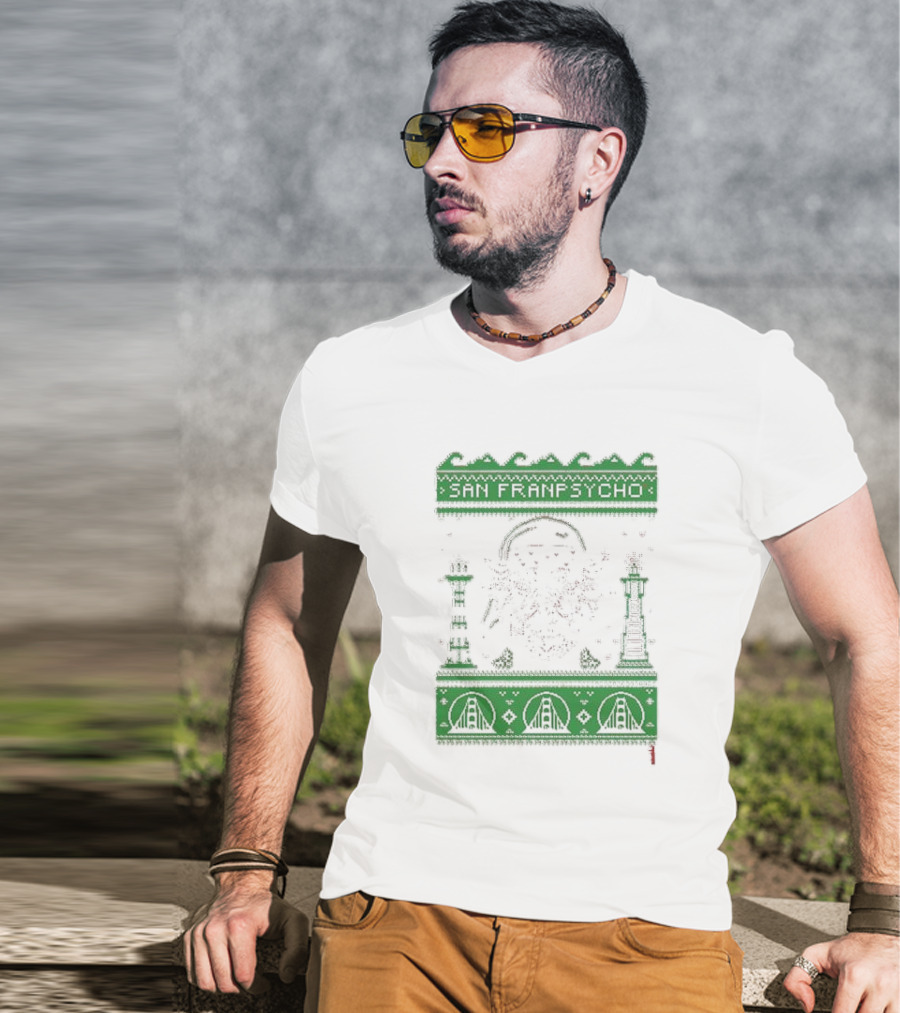 San Franpsycho Sfp Holiday Bridge Towers Snowflakes Green Holiday T-Shirt