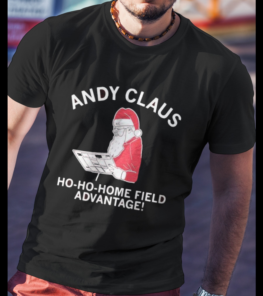 Andy Claus Santa In KC Hat With Playbook Ho Ho Home Field Advantage T-Shirt