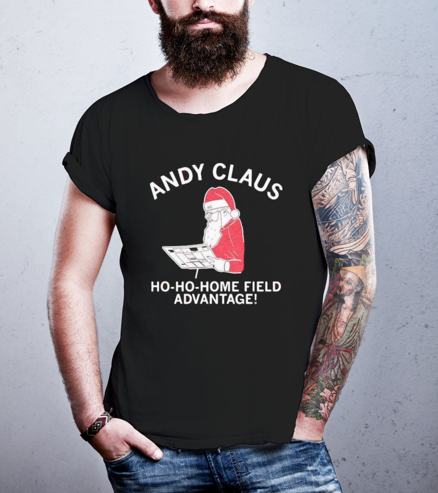 Andy Claus Santa In KC Hat With Playbook Ho Ho Home Field Advantage T-Shirt