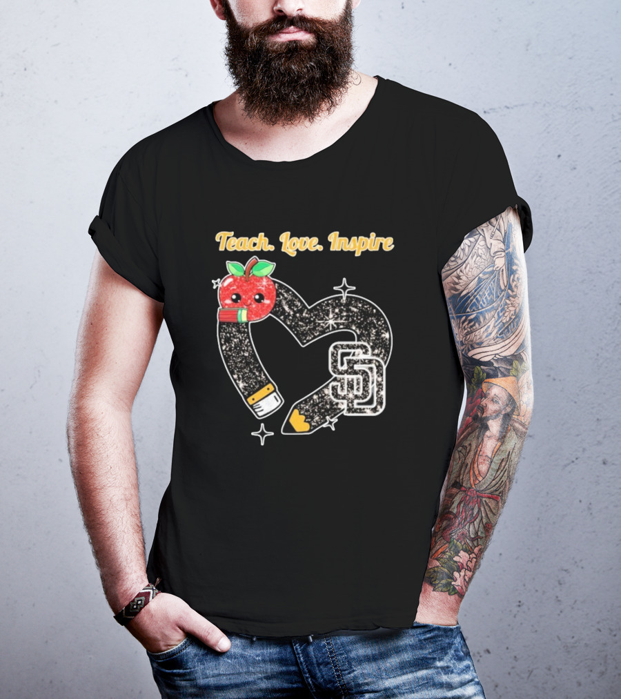 Teach Love Inspire San Diego Padres Sparkling Heart Apple Pencil T-Shirt