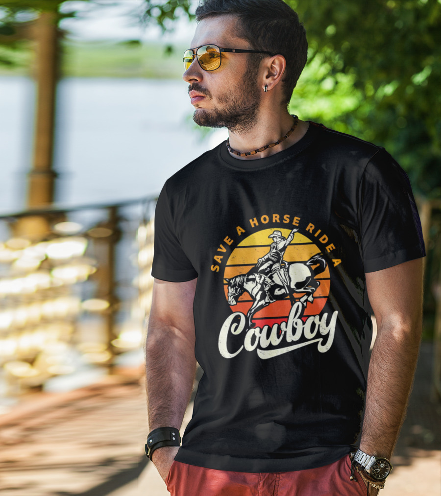 Save A Horse Ride A Cowboy Vintage Sunset Retro Rodeo Style T-Shirt