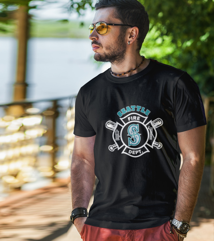 Seattle Mariners Fire Dept Firefighters Axes And Hydrant Emblem T-Shirt