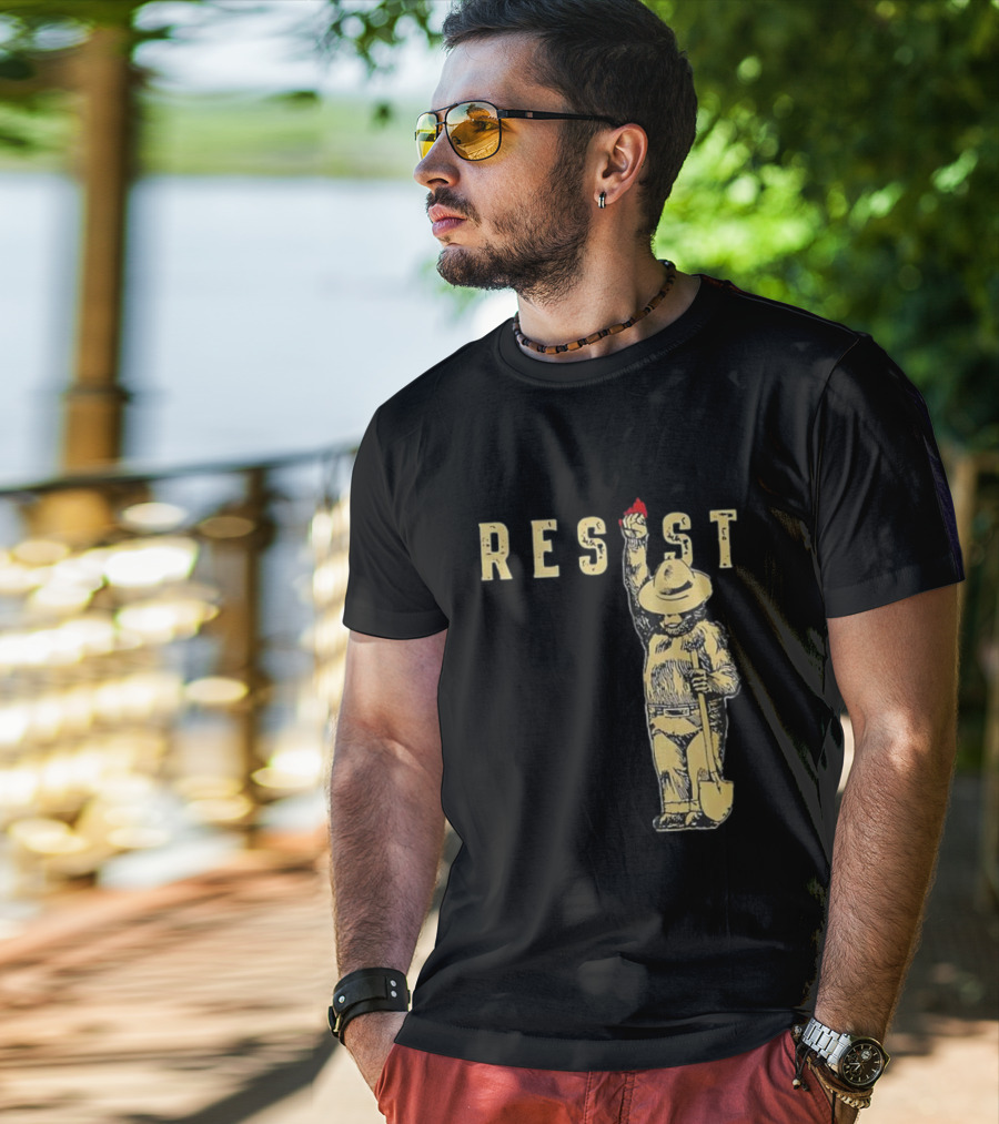 "Smokey Resist Firefighter Bear With Raised Fist And Shovel" T-Shirt