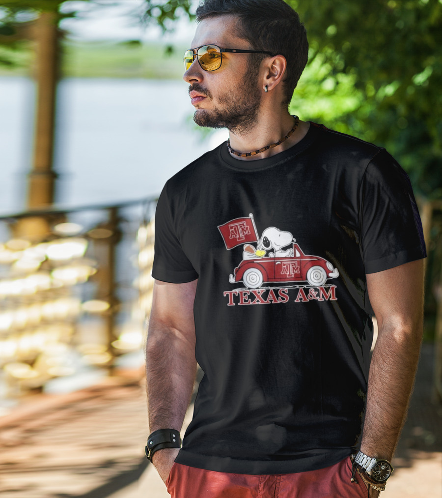 Snoopy Woodstock Driving Texas A&M Car Peanuts T-Shirt