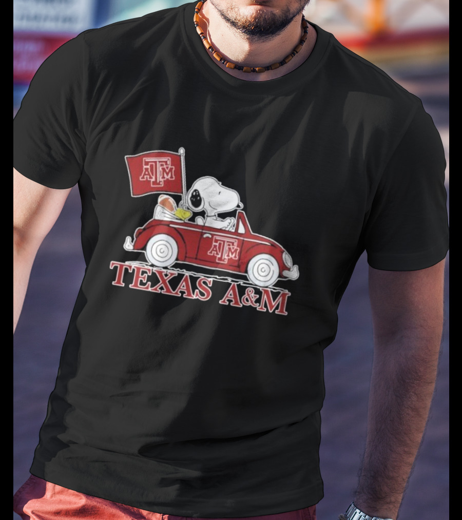 Snoopy Woodstock Driving Texas A&M Car Peanuts T-Shirt