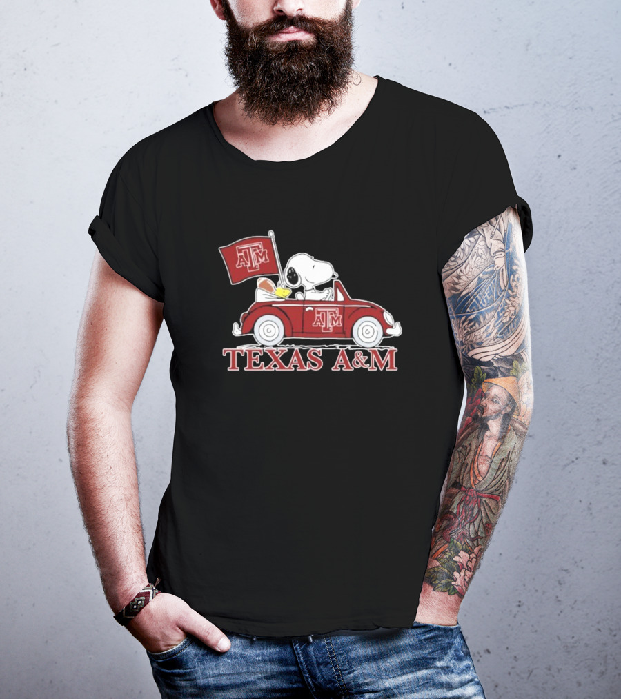 Snoopy Woodstock Driving Texas A&M Car Peanuts T-Shirt