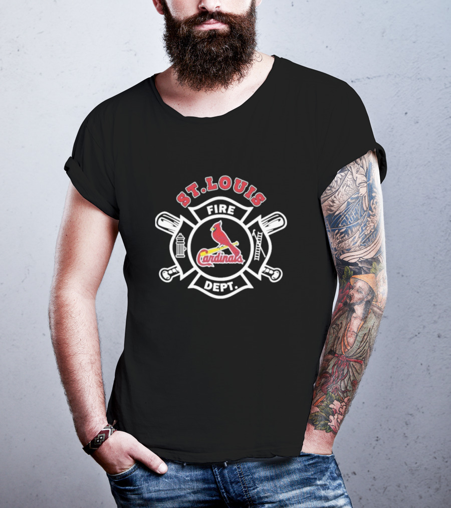 St Louis Cardinals Fire Dept Firefighters MLB Collaboration With Symbolic Badge And Equipment T-Shirt