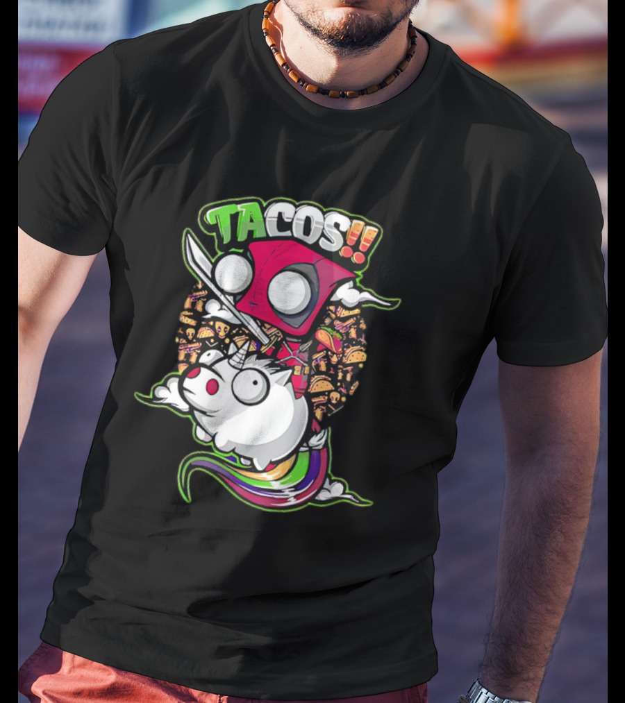 Tacos Deadpool Riding Unicorn Surrounded By Tacos Cartoon T-Shirt