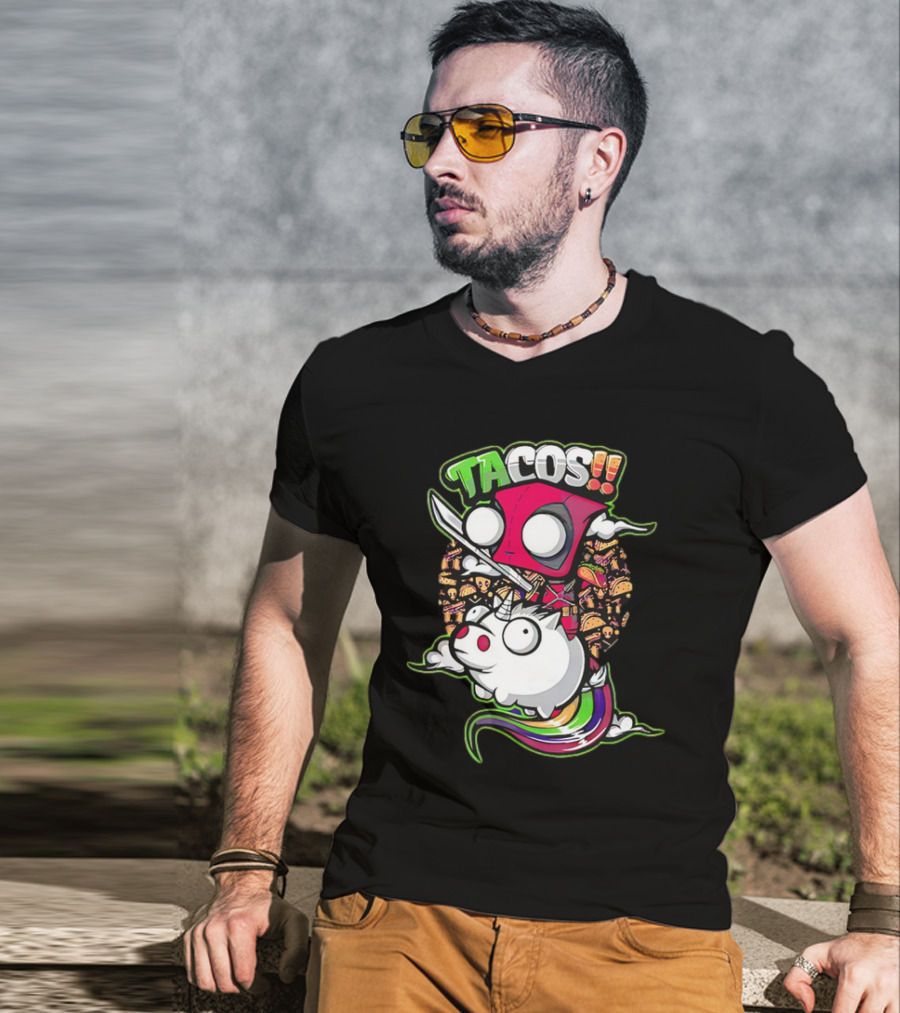 Tacos Deadpool Riding Unicorn Surrounded By Tacos Cartoon T-Shirt