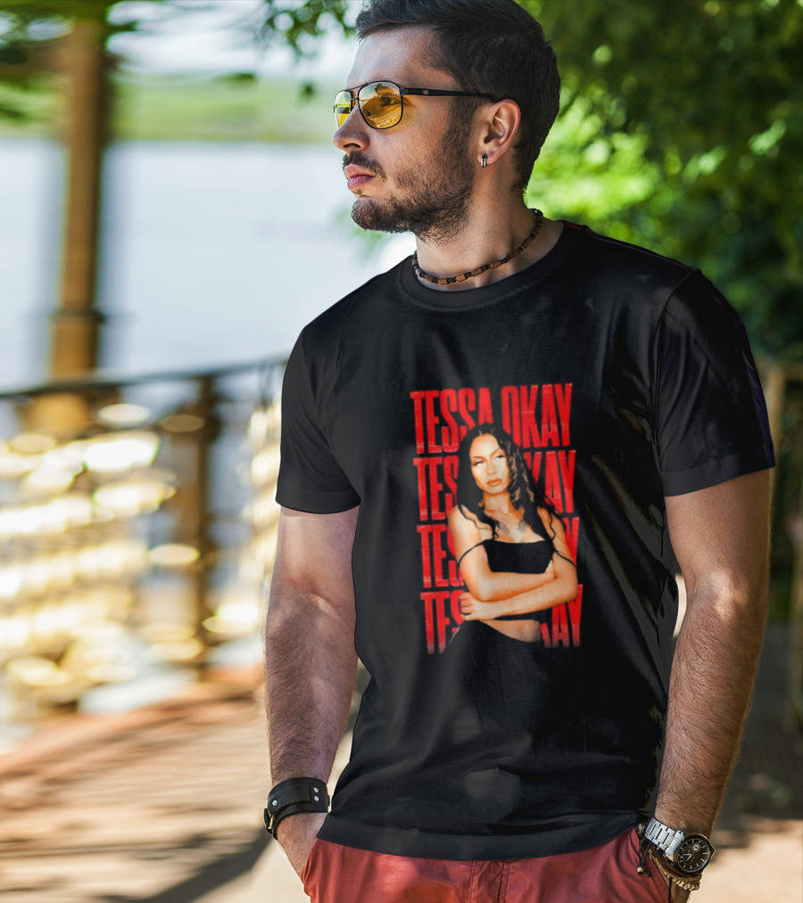 Tessa Okay Bold Red Typography With Crossed-Arms Portrait T-Shirt