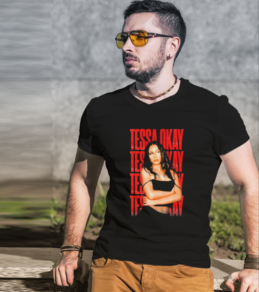 Tessa Okay Bold Red Typography With Crossed-Arms Portrait T-Shirt