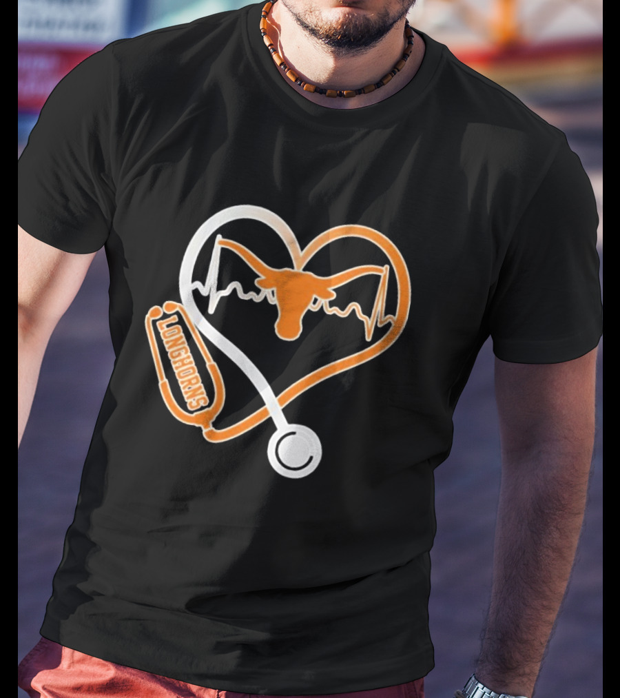 Texas Longhorns Caring Hearts Nurse Stethoscope Heartbeat T-Shirt