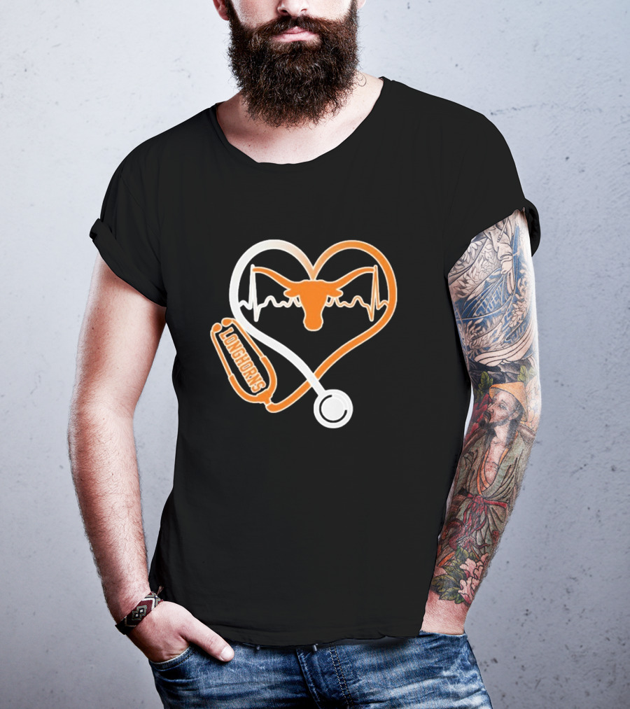 Texas Longhorns Caring Hearts Nurse Stethoscope Heartbeat T-Shirt