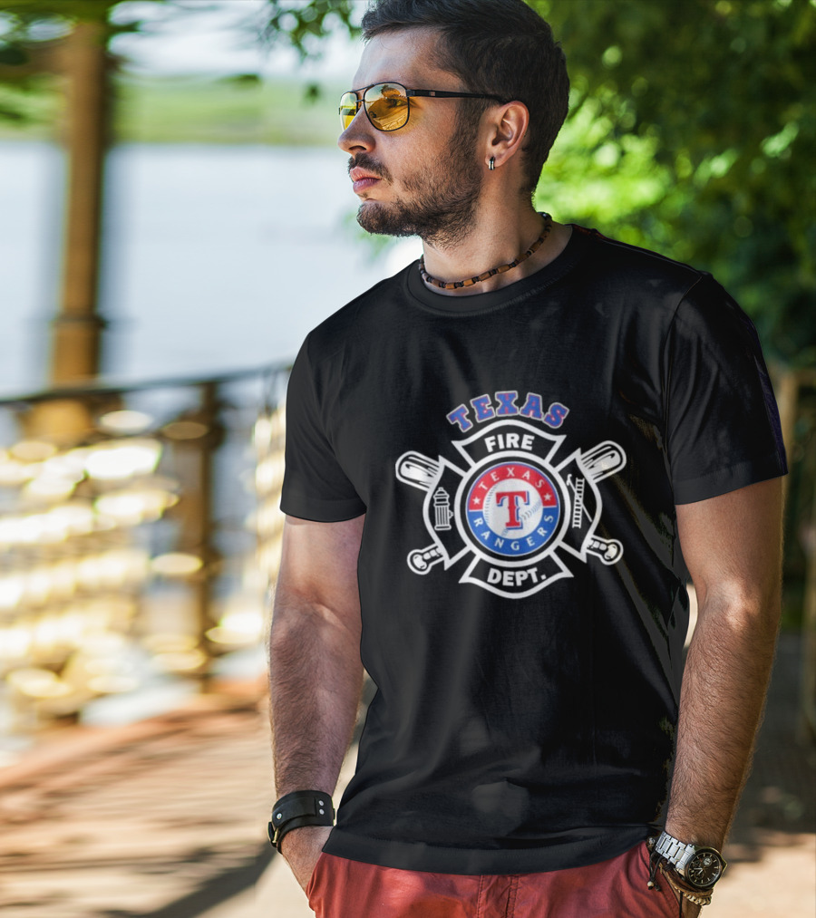 Texas Rangers Fire Dept Firefighters Maltese Cross Badge T-Shirt