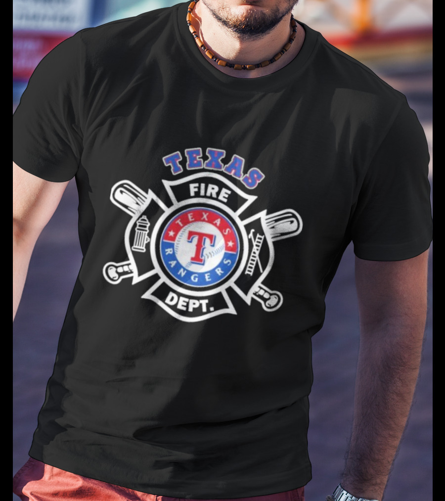Texas Rangers Fire Dept Firefighters Maltese Cross Badge T-Shirt