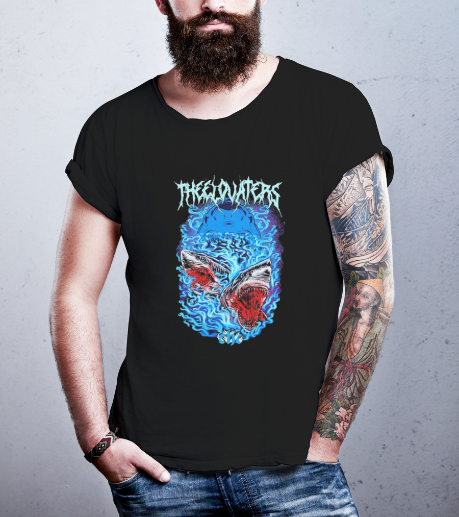 The Elovaters Beware Of Sharks Electric Blue Fierce Shark Trio T-Shirt