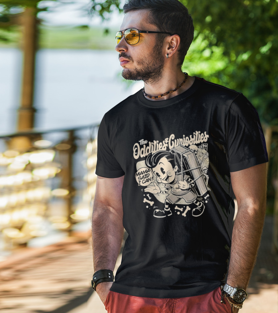 The Oddities And Curiosities Expo Mama Said I Can Skeleton Cartoon Character Carrying Coffin T-Shirt