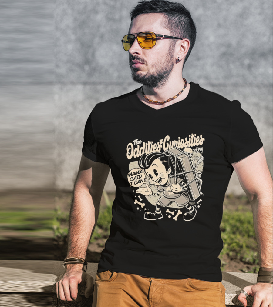 The Oddities And Curiosities Expo Mama Said I Can Skeleton Cartoon Character Carrying Coffin T-Shirt