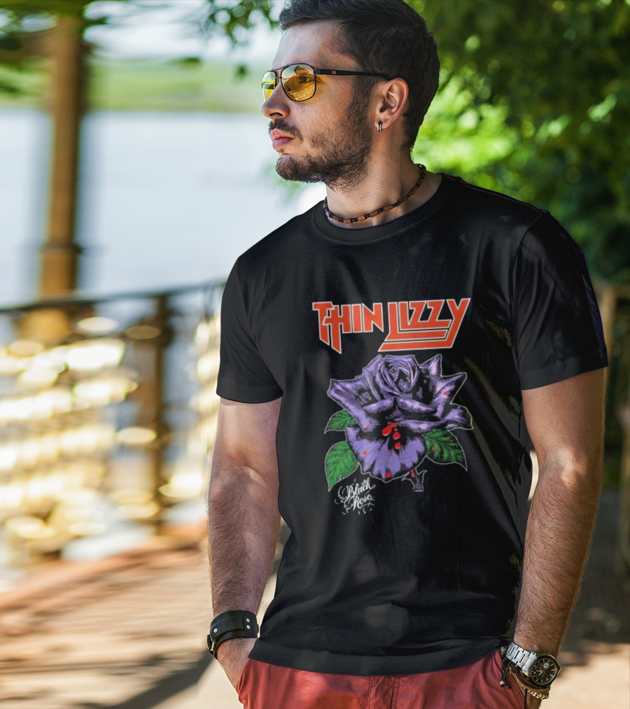 Thin Lizzy Black Rose With Purple Flower And Green Leaves T-Shirt