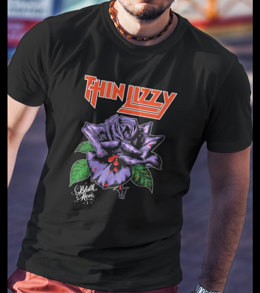 Thin Lizzy Black Rose With Purple Flower And Green Leaves T-Shirt