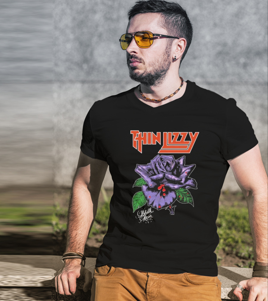 Thin Lizzy Black Rose With Purple Flower And Green Leaves T-Shirt