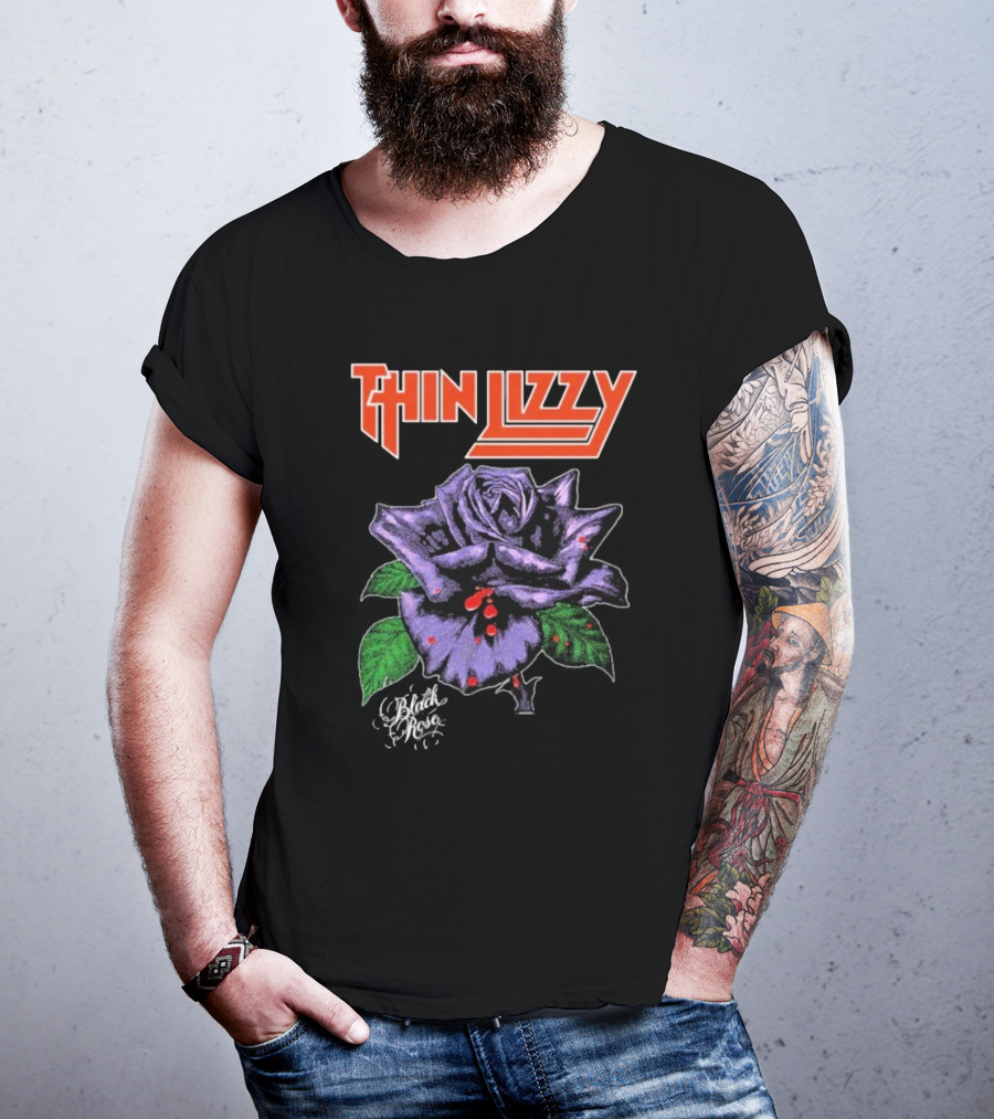Thin Lizzy Black Rose With Purple Flower And Green Leaves T-Shirt