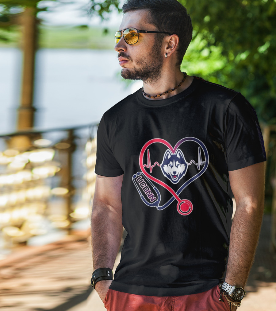 UConn Huskies Heartbeat Stethoscope Nurse Care T-Shirt