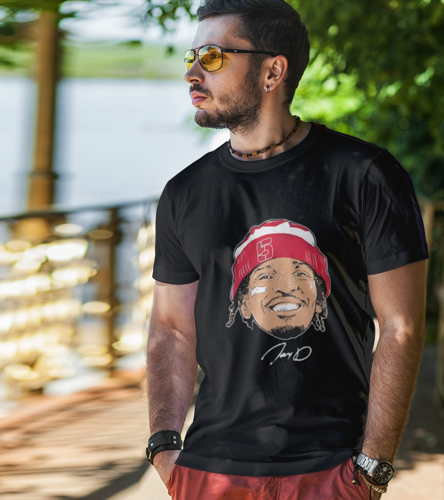 Washington Commanders Jayden Daniels Signature Face Bandage Number 5 Beanie T-Shirt