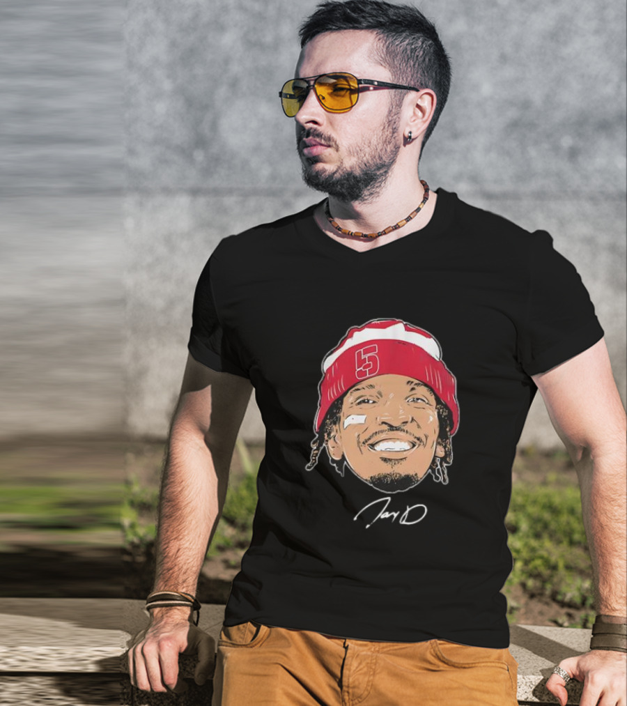 Washington Commanders Jayden Daniels Signature Face Bandage Number 5 Beanie T-Shirt