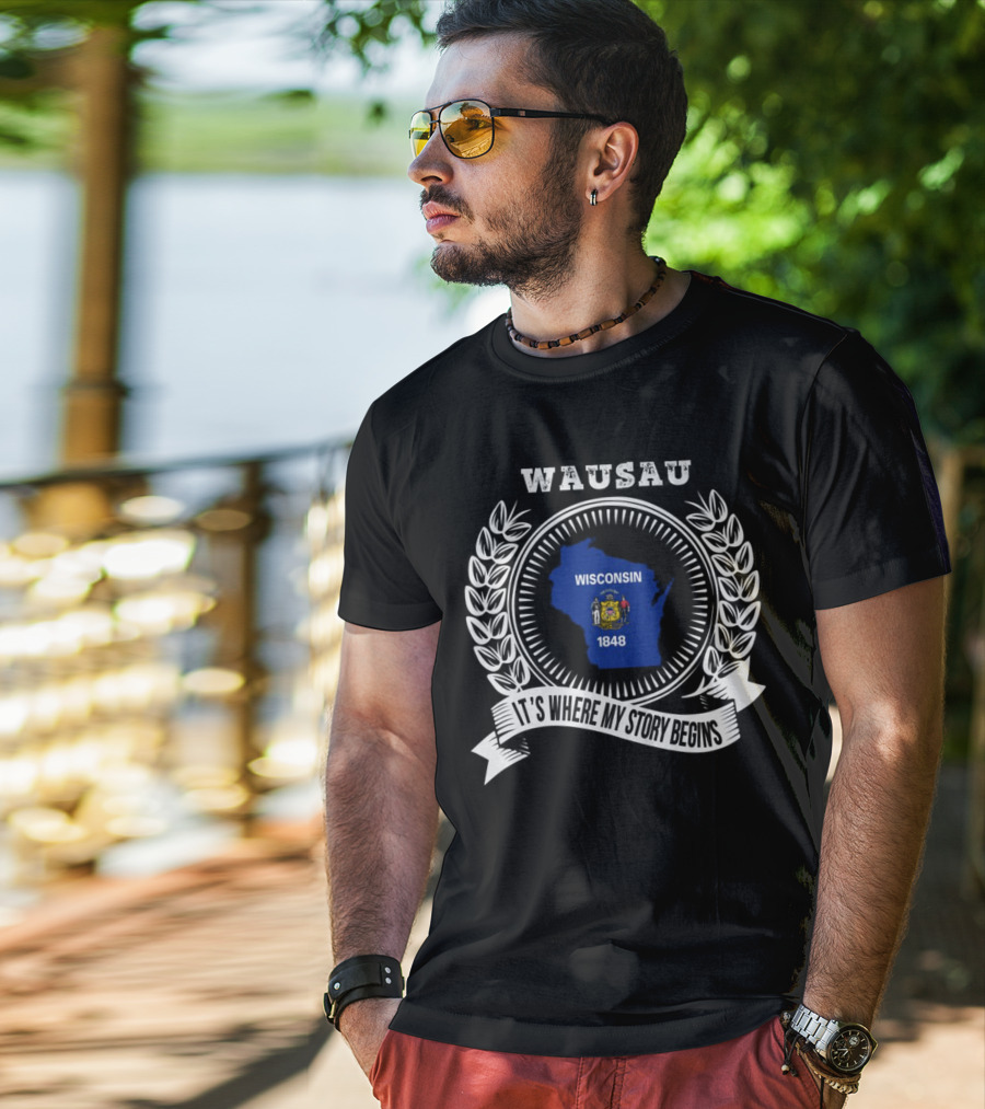 WAUSAU Wisconsin 1848 State Outline Emblem T-Shirt