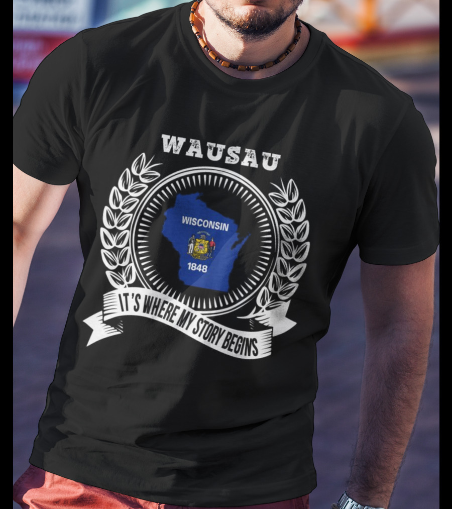 WAUSAU Wisconsin 1848 State Outline Emblem T-Shirt