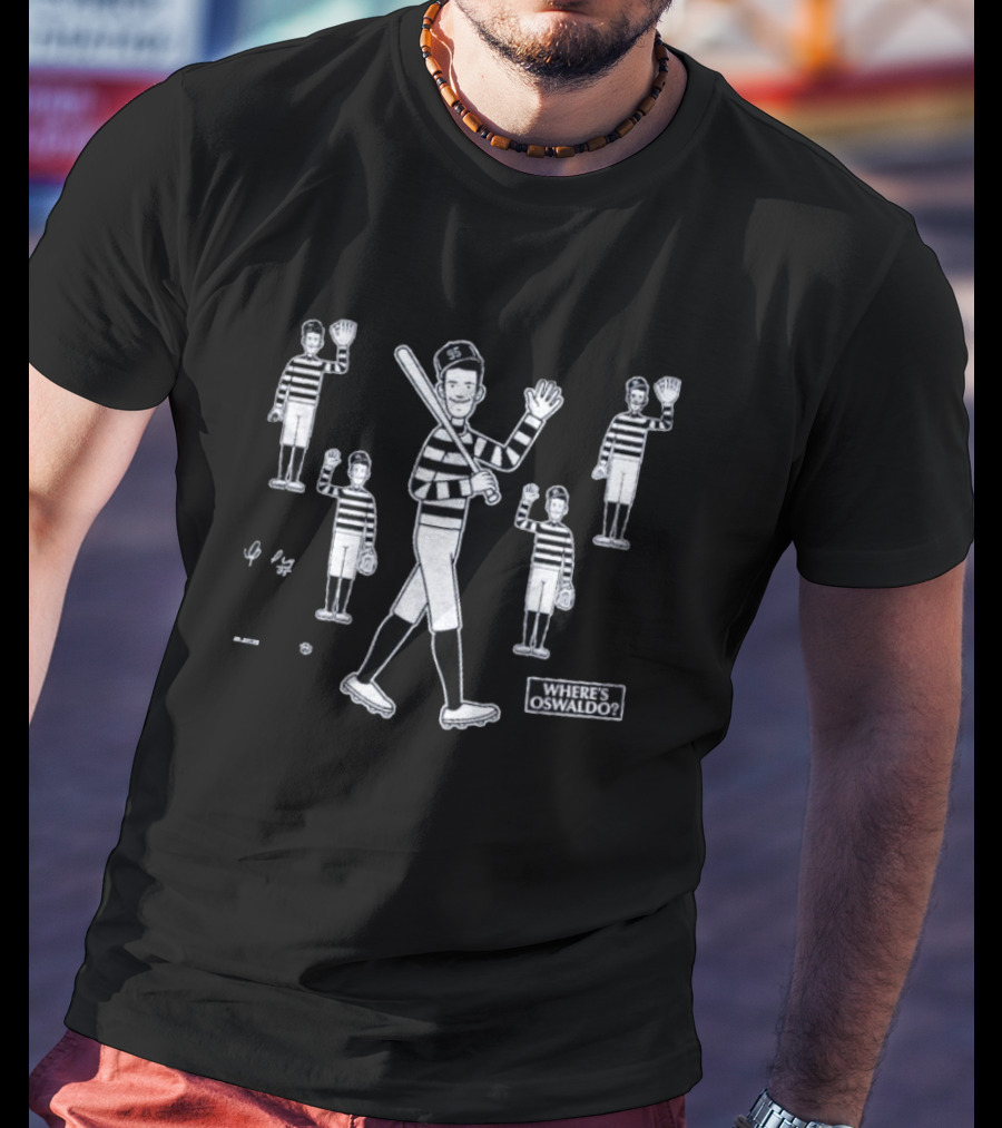 Where’s Oswaldo Baseball Player In Striped Jersey With Bat And Glove T-Shirt