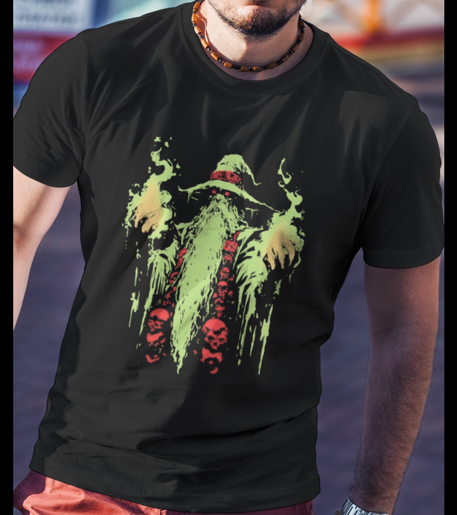 Wizard Of Doom Psychedelic Wizardry With Glowing Aura And Skull Elements T-Shirt