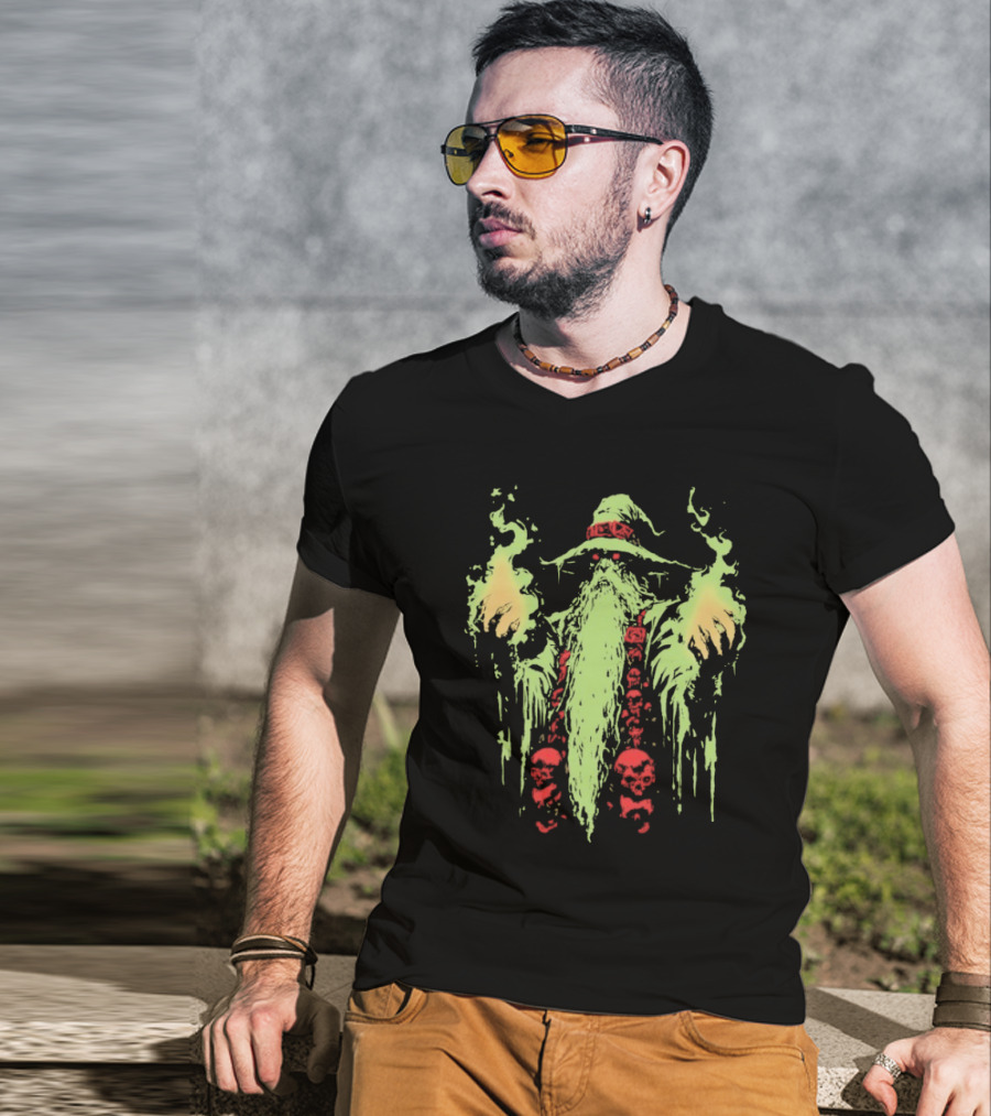 Wizard Of Doom Psychedelic Wizardry With Glowing Aura And Skull Elements T-Shirt