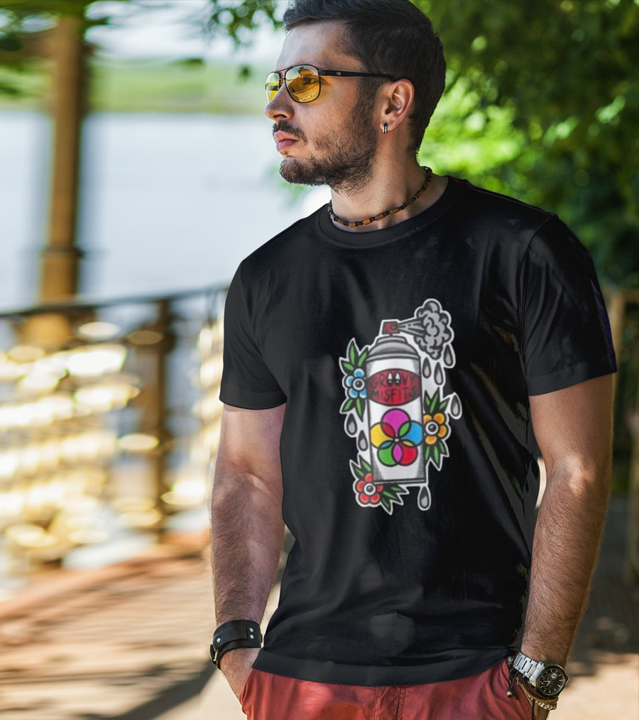 Tan Clemons Groovy Misfits Rattle Can Flower Power Design T-Shirt